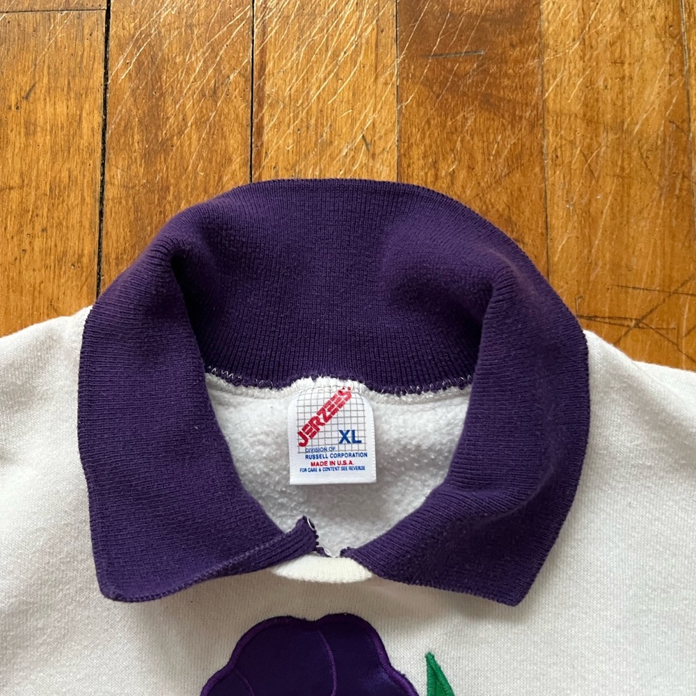 VTG Jerzees White and Purple Floral Iris Collared Pullover Sweatshirt Women’s XL - Picture 3 of 8